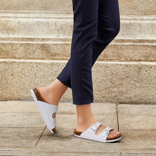 ODOLY Unisex Cork Footbed Slide Sandal, Arch Support Summer Outdoor Sandals with Adjustable Buckle for Women and Men, White 37 (6.5-7 Women/5-5.5 Men) - Image 2