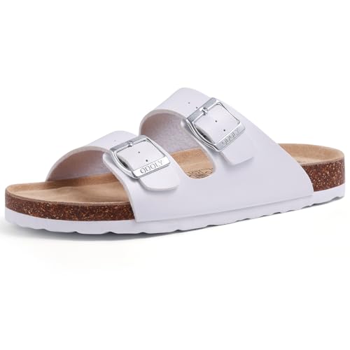 ODOLY Unisex Cork Footbed Slide Sandal, Arch Support Summer Outdoor Sandals with Adjustable Buckle for Women and Men, White 37 (6.5-7 Women/5-5.5 Men) - Image 1