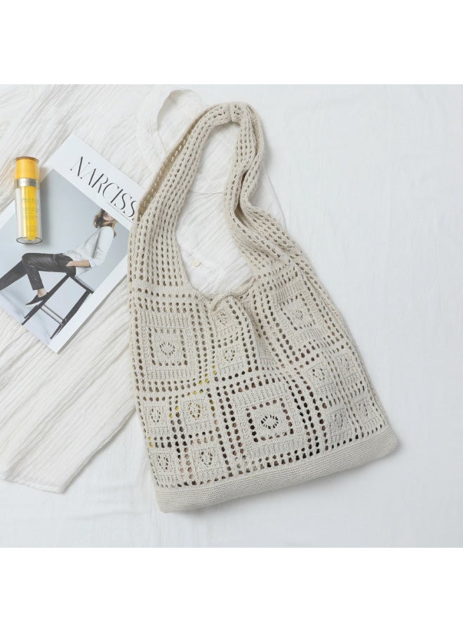 Knitted Bag Women's Spring And Summer Hand Bag Retro Mesh Hollow Simple Woven Bag Women's Shoulder Bag Bags Bag-Color:Hollow Beige Bag - Image 3