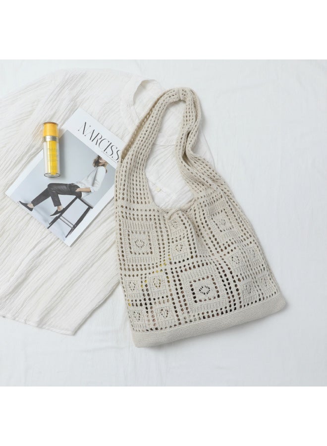 Knitted Bag Women's Spring And Summer Hand Bag Retro Mesh Hollow Simple Woven Bag Women's Shoulder Bag Bags Bag-Color:Hollow Beige Bag - Image 1