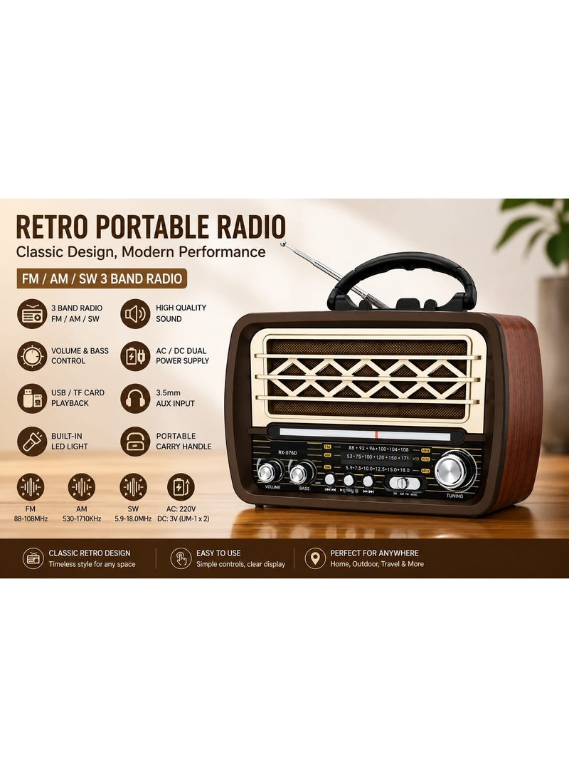 راديو محمول بتصميم كلاسيكي ريترو RX-076D - يدعم FM/AM/SW، يعمل بالكهرباء والبطاريات، منفذ USB وذاكرة، مع إضاءة LED مدمجة - Image 1
