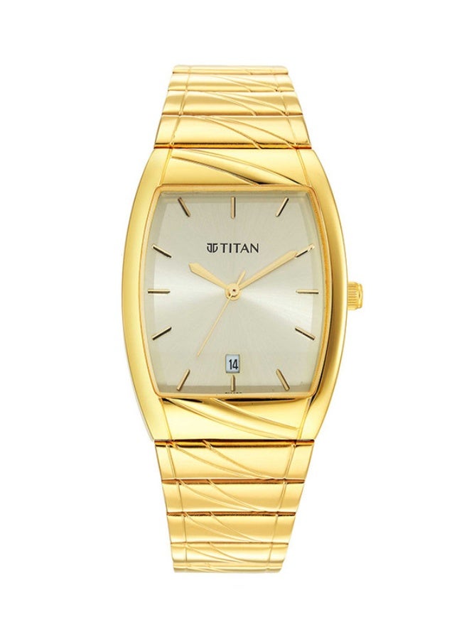 TITAN ساعة تيتان كاريشما التناظرية بقرص شامبانيا مستطيل بحزام من الفولاذ المقاوم للصدأ الذهبي للرجال-9315YM05 - Image 1