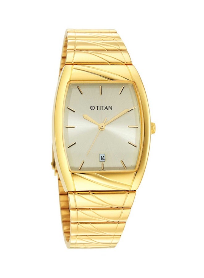 TITAN ساعة تيتان كاريشما التناظرية بقرص شامبانيا مستطيل بحزام من الفولاذ المقاوم للصدأ الذهبي للرجال-9315YM05 - Image 2