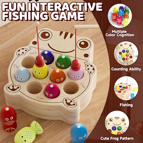 edutree Wooden Magnetic Fishing Game for Toddlers 13 Montessori Sensory Busy Board Fine Motor Skills Toys for 1 2 3 Years Old Boys Girls Frog BFish Game - Image 5