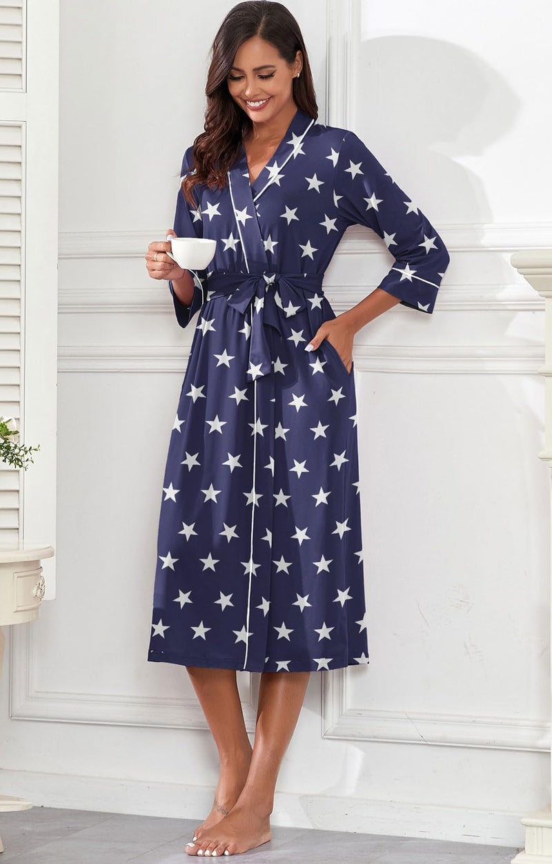 PrinStory Womens Robe Long Kint Bathrobe Lightweight Soft Robes Ladies Bath Robe FP-Blue WH Star-L - Image 3