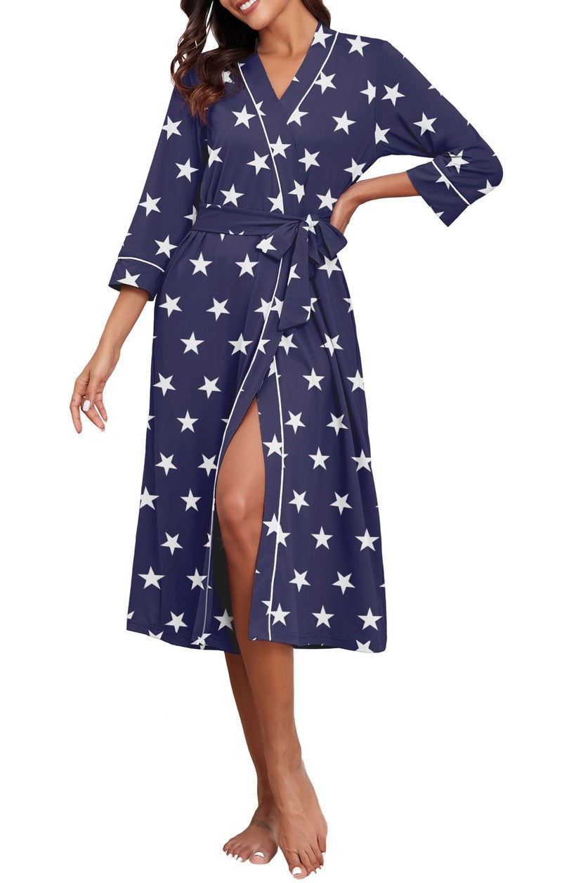 PrinStory Womens Robe Long Kint Bathrobe Lightweight Soft Robes Ladies Bath Robe FP-Blue WH Star-L - Image 2