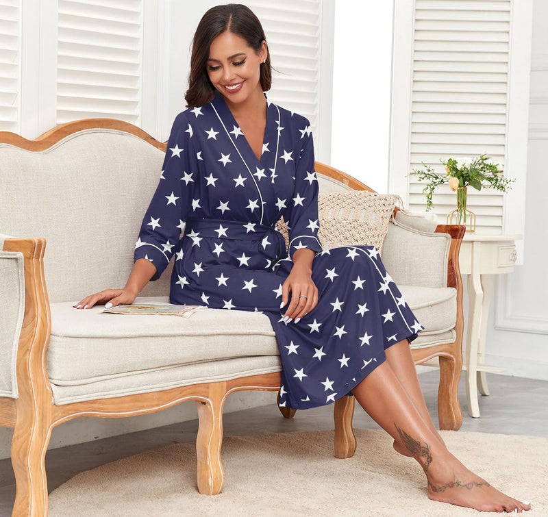 PrinStory Womens Robe Long Kint Bathrobe Lightweight Soft Robes Ladies Bath Robe FP-Blue WH Star-L - Image 4