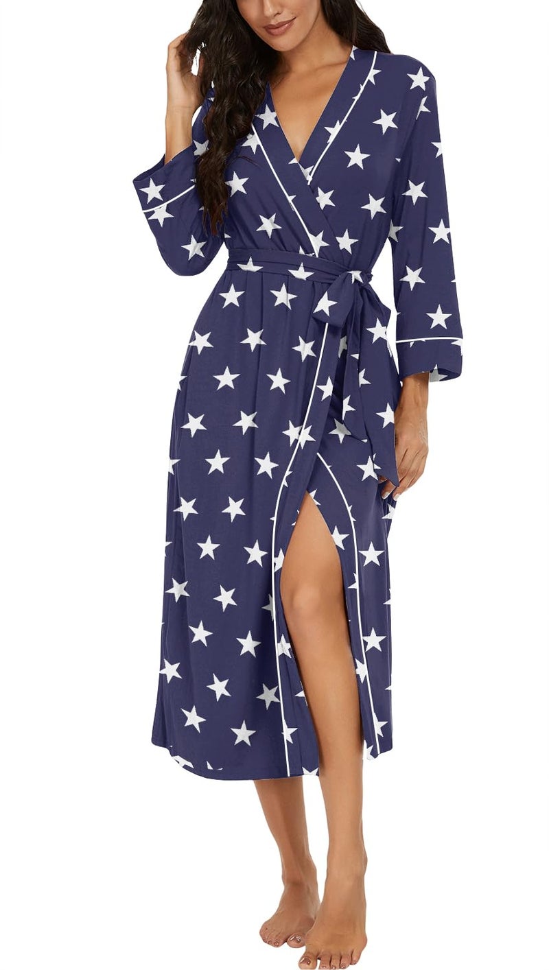 PrinStory Womens Robe Long Kint Bathrobe Lightweight Soft Robes Ladies Bath Robe FP-Blue WH Star-L - Image 1