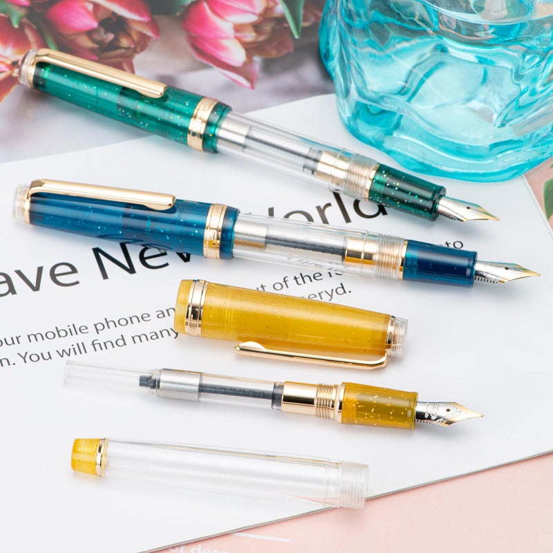 Wikult Jinhao 82 Acrylic Fountain Pen, Iridium Extra Fine Nib with Ink Converter, Vintage Mint Green & Transparent Color Classic Design Smooth Writing Pen (Gold Trim) - Image 3