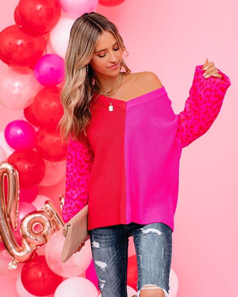 ANCAPELION Women’s V Neck Sweater Pullover Leopard Long Sleeve Basic Color Block Jumper Casual Knitted Tops Leopard red Large - Image 3