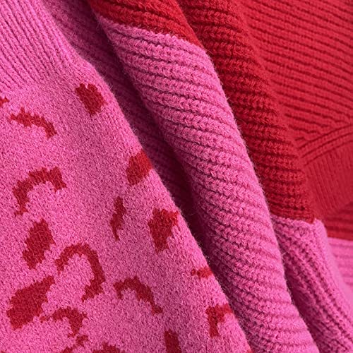 ANCAPELION Women’s V Neck Sweater Pullover Leopard Long Sleeve Basic Color Block Jumper Casual Knitted Tops Leopard red Large - Image 5