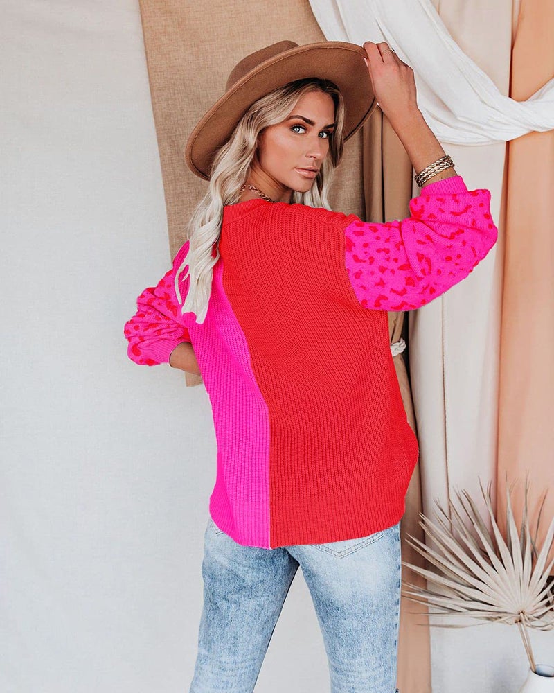 ANCAPELION Women’s V Neck Sweater Pullover Leopard Long Sleeve Basic Color Block Jumper Casual Knitted Tops Leopard red Large - Image 2