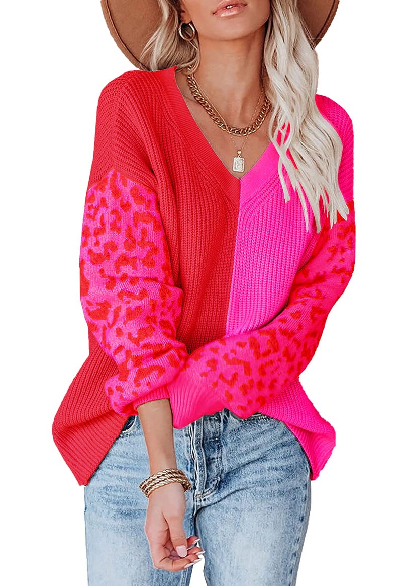 ANCAPELION Women’s V Neck Sweater Pullover Leopard Long Sleeve Basic Color Block Jumper Casual Knitted Tops Leopard red Large - Image 1