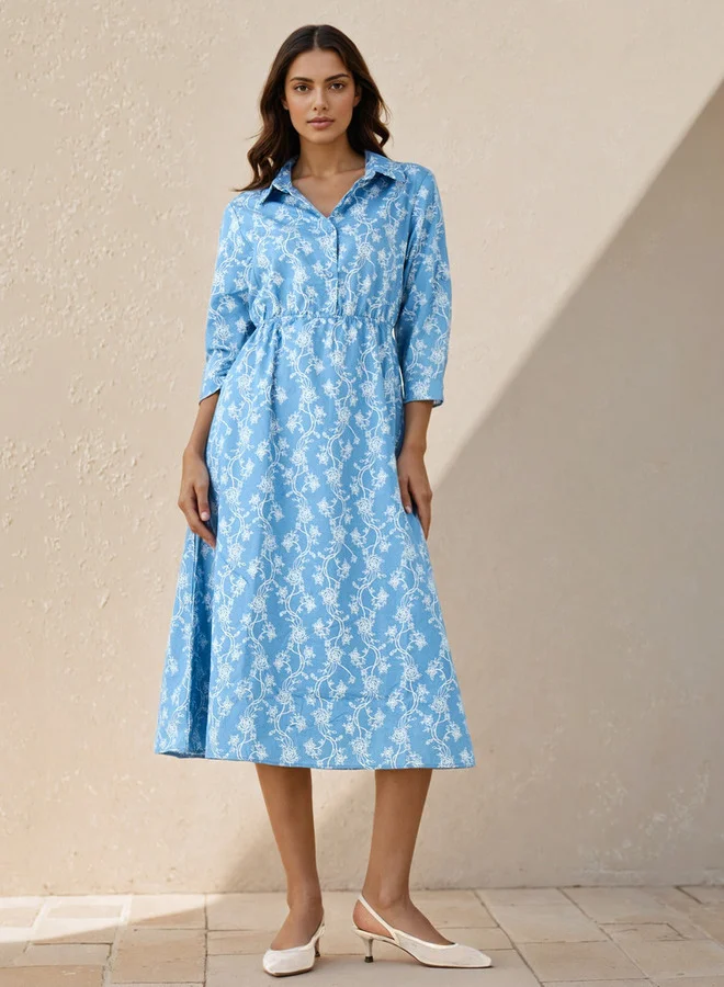 Splash FAV Midi Denim Shirt Dress with Floral Print