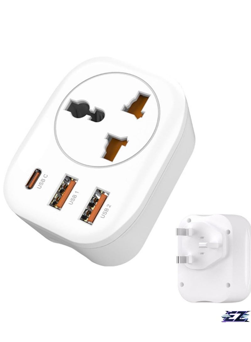 ELTRAZONE Adapter, Type G Travel Converter, Universal Socket Travel Adaptor with 2USB+Type-C port for Business Trip Holiday Hotel Airport-White  - Image 1
