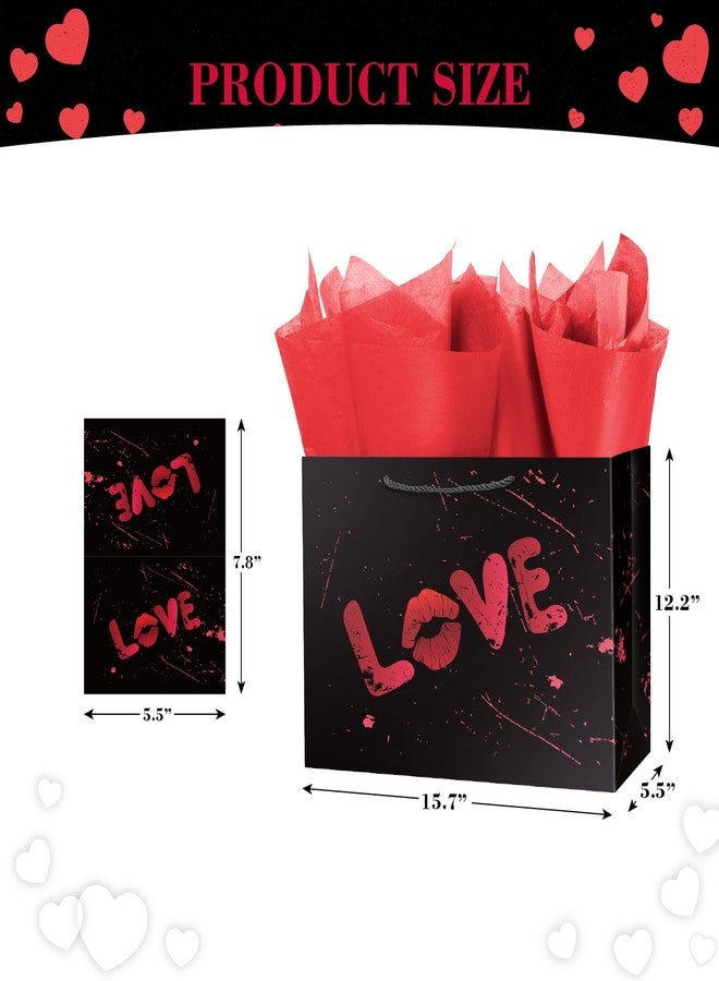 Linelglobal Large Black Valentine Gift Bag with Wrapping Paper for Women Men, Anniversary Bag 12.6" Heart Love - Image 2
