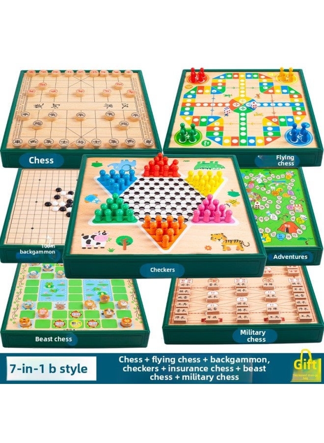Loquat Flying Chess Gobang Chess Children's Puzzle Chess Checkers Elementary School Student Multi-function Game Board Toy Chess-Color:Seven In One B - Image 1