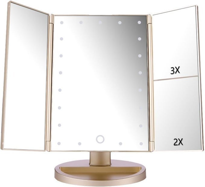FLOOR MOUNT TRI-FOLD LIGHTED VANITY MIRROR WITH 21 LED LIGHTS, TOUCH SCREEN AND 3X/2X/1X MAGNIFICATION, TWO POWER SUPPLY MODES MAKE UP MIRROR,TRAVEL MIRROR