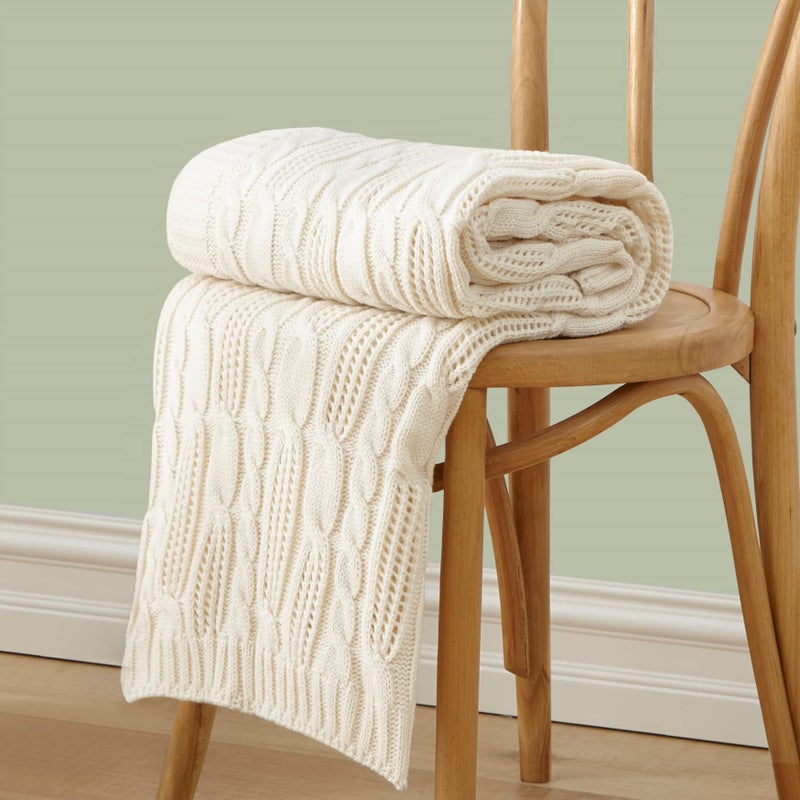 Aormenzy Cable Knit Throw Blankets 30 x 40 Inches Soft Cozy and Lightweight Knitted Blanket Machine Washable 100 Percent Acrylic Blanket Decorative Throw Blanket for Couch Sofa Bed Cream White