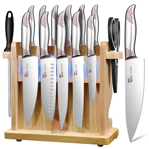 SYOKAMI Japanese Knives Set for Kitchen, Magnetic Knife Set with Block and Sharpener, Stainless Steel Knife Set as Gift for Couple, Wedding, Women or Mom with Gift Box, 14 PCS Red Dot - Image 1