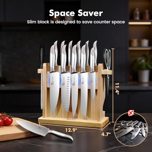 SYOKAMI Japanese Knives Set for Kitchen, Magnetic Knife Set with Block and Sharpener, Stainless Steel Knife Set as Gift for Couple, Wedding, Women or Mom with Gift Box, 14 PCS Red Dot - Image 2
