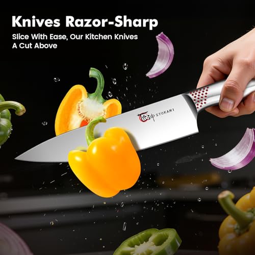 SYOKAMI Japanese Knives Set for Kitchen, Magnetic Knife Set with Block and Sharpener, Stainless Steel Knife Set as Gift for Couple, Wedding, Women or Mom with Gift Box, 14 PCS Red Dot - Image 4