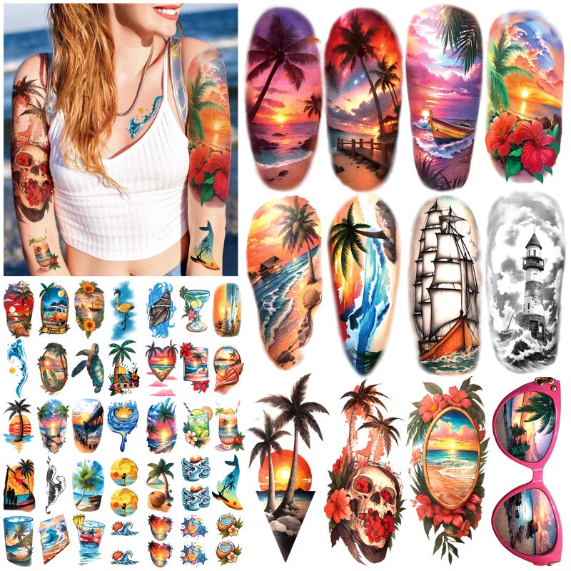77 Sheets Temporary Tattoo for Women and Men 17 Sheets Half Arm Beach Flower Skull Sunset Fake Tattoos 60 Sheets Holiday Ocean Tiny for Adults Kids Body Tattoos Stickers Waterproof Realistic