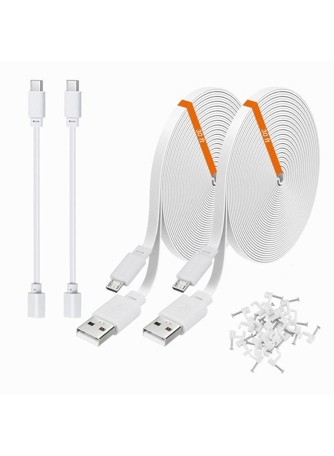 weishan 30ft Power Extension Cable Compatible with eufy Security Cam S220, S340, E220, P24-9m Long Flat USB to Micro USB Charging Cord with USB-C Adapter, White - Image 1