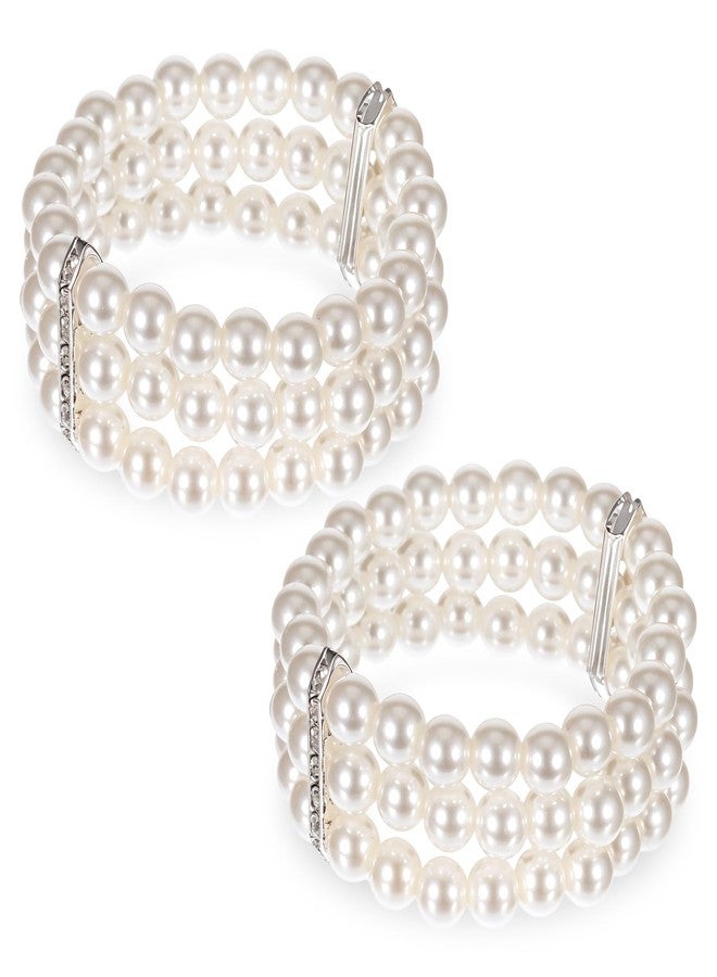 Aysatogc 2Pcs Pearl Cuff Bracelet, 1920s Flapper Imitation Pearl Bracelet Multi-Layered Elastic Bangle Vintage Bracelets Women Bridal Wedding Jewelry Roaring 20s Accessories Jewelry - Image 1