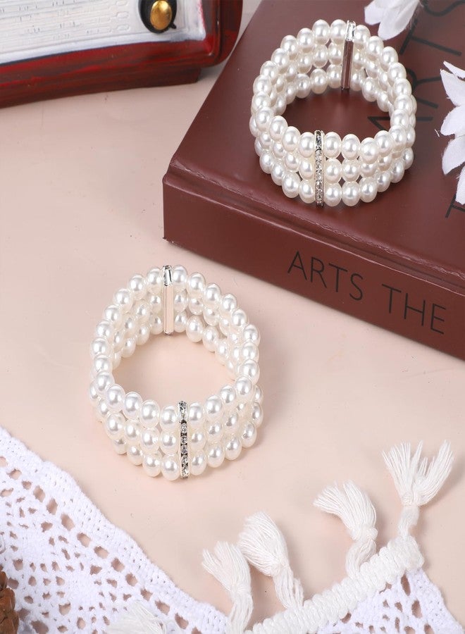 Aysatogc 2Pcs Pearl Cuff Bracelet, 1920s Flapper Imitation Pearl Bracelet Multi-Layered Elastic Bangle Vintage Bracelets Women Bridal Wedding Jewelry Roaring 20s Accessories Jewelry - Image 3