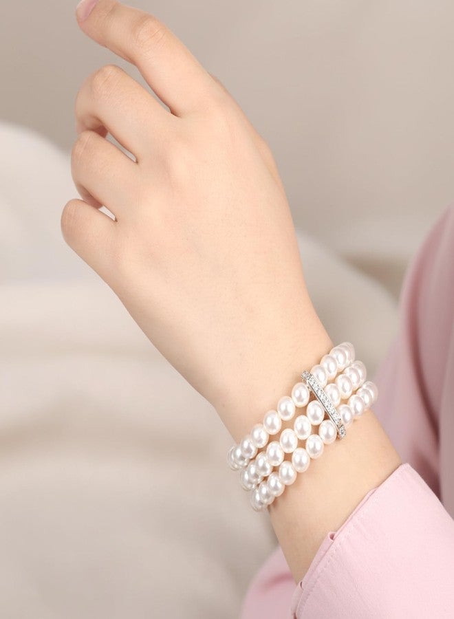 Aysatogc 2Pcs Pearl Cuff Bracelet, 1920s Flapper Imitation Pearl Bracelet Multi-Layered Elastic Bangle Vintage Bracelets Women Bridal Wedding Jewelry Roaring 20s Accessories Jewelry - Image 4