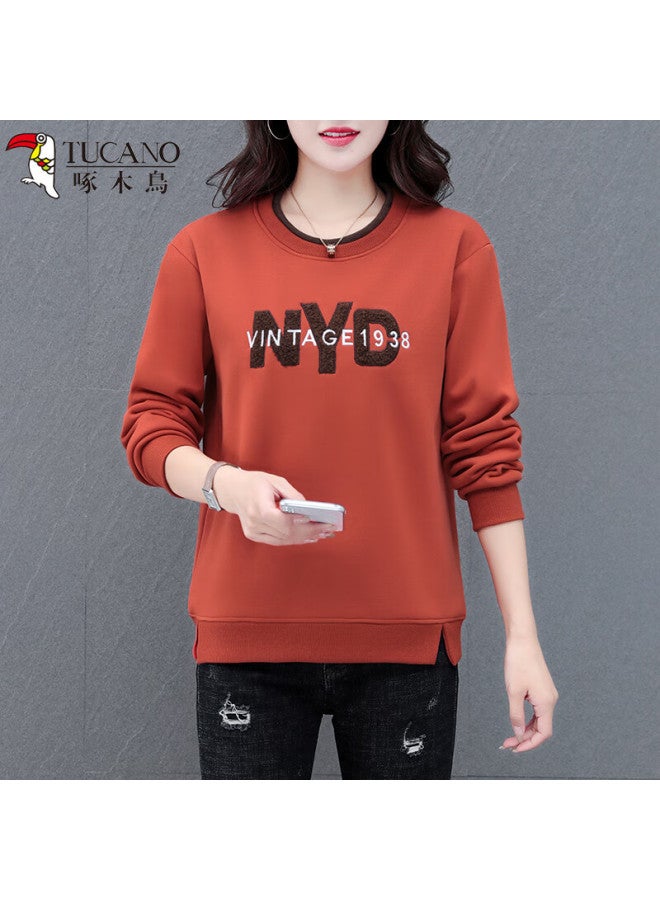 Wood Fleece Embroidered Sweatshirt Women Autumn Winter Thickened Long Sleeve Inner Wear Outer Wear Warm Base Shirt Orange M