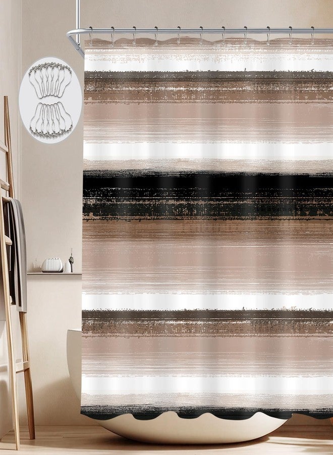 Riyidecor Brown Tan Abstract Shower Curtain for Bathroom Decor 72Wx72H Taupe Black Beige Mens Masculine Modern Neutral Minimalist Simple Cool Art Printed Fabric Polyester Waterproof 12 Pack Metal Hook - Image 2
