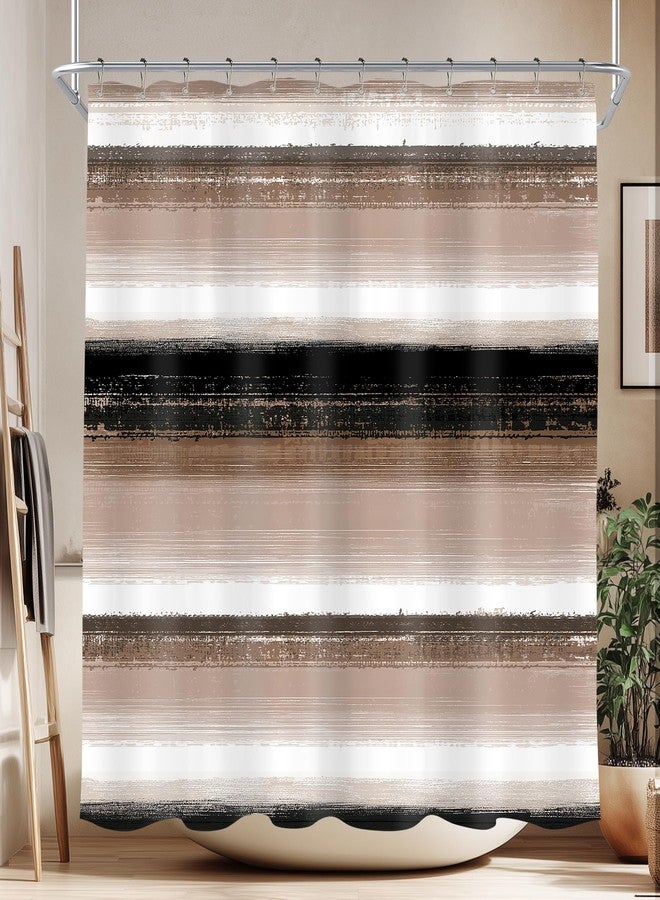 Riyidecor Brown Tan Abstract Shower Curtain for Bathroom Decor 72Wx72H Taupe Black Beige Mens Masculine Modern Neutral Minimalist Simple Cool Art Printed Fabric Polyester Waterproof 12 Pack Metal Hook - Image 1