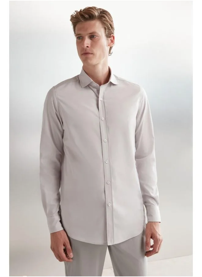 GRIMELANGE Carlsten Men's Slim Fit Italian Collar 100% Cotton Poplin Light Gray Shirt
