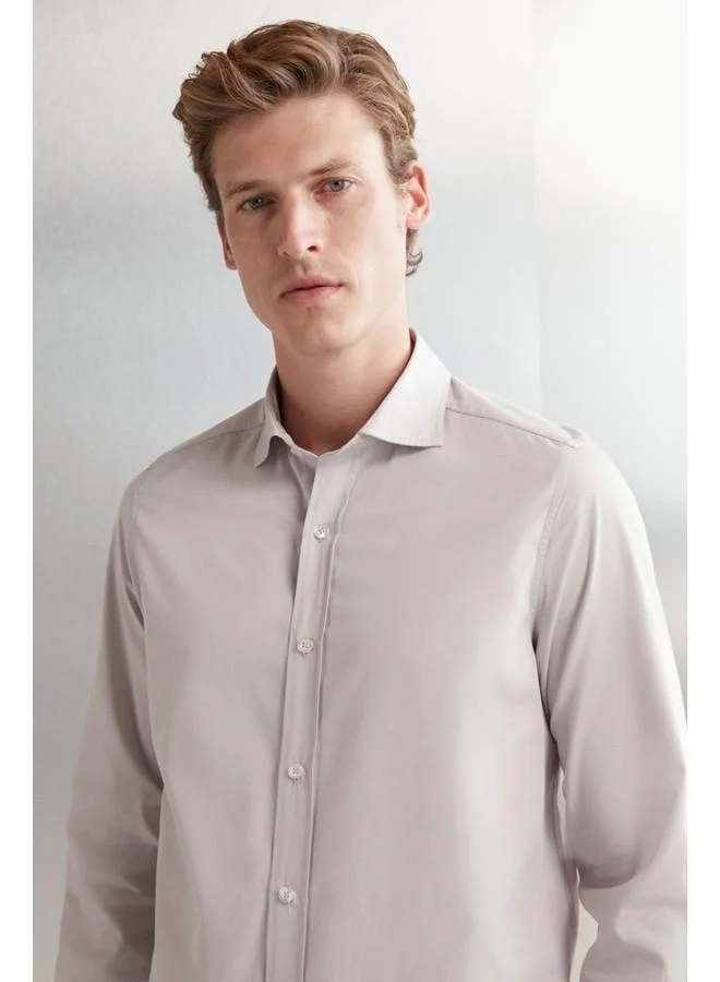GRIMELANGE Carlsten Men's Slim Fit Italian Collar 100% Cotton Poplin Light Gray Shirt