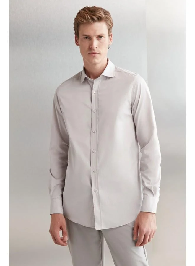 GRIMELANGE Carlsten Men's Slim Fit Italian Collar 100% Cotton Poplin Light Gray Shirt