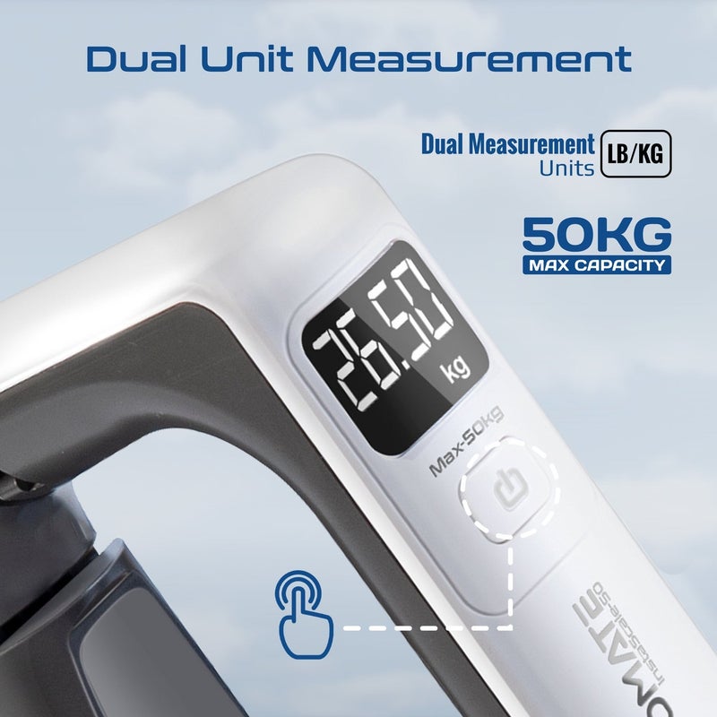 PROMATE ميزان أمتعة رقمي برومايت إنستاسكال-50 بسعة قصوى 50 كجم، دقة عالية بزيادات 50 جرام، شاشة LCD مضاءة، وحدات مزدوجة (كجم/رطل)، مقبض مريح، أداة وزن سفر مدمجة - أبيض - Image 5