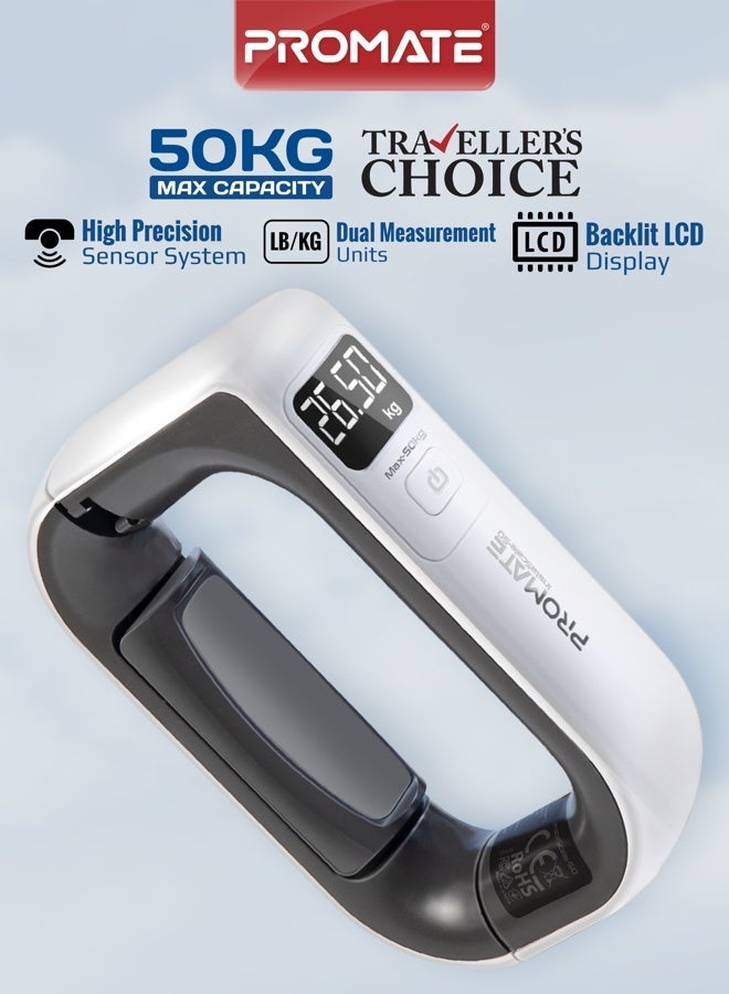 PROMATE ميزان أمتعة رقمي برومايت إنستاسكال-50 بسعة قصوى 50 كجم، دقة عالية بزيادات 50 جرام، شاشة LCD مضاءة، وحدات مزدوجة (كجم/رطل)، مقبض مريح، أداة وزن سفر مدمجة - أبيض - Image 1
