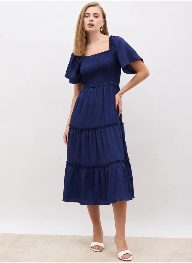 ستايلي Styli Square Neck Smocked Tiered Midi Dress