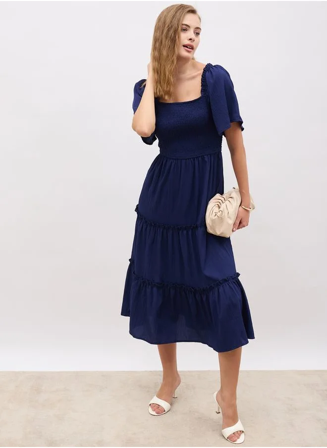 ستايلي Styli Square Neck Smocked Tiered Midi Dress