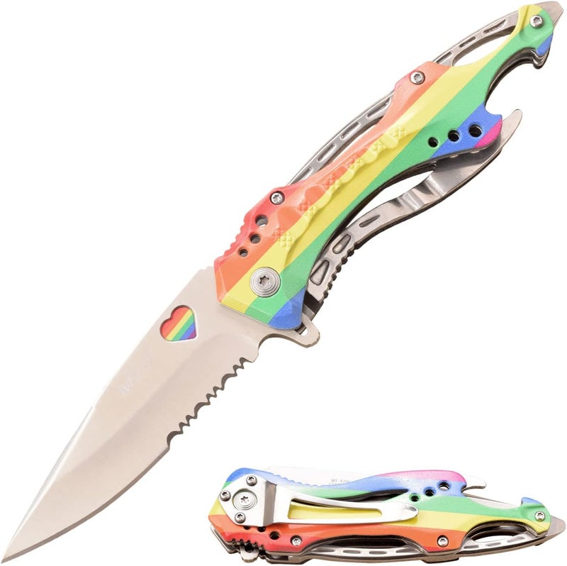 MTECH USA Folding Knife, 3.75-Inch Half-Serrated Blade, Titanium Coating, Glass Breaker, Pocket Clip - Image 1