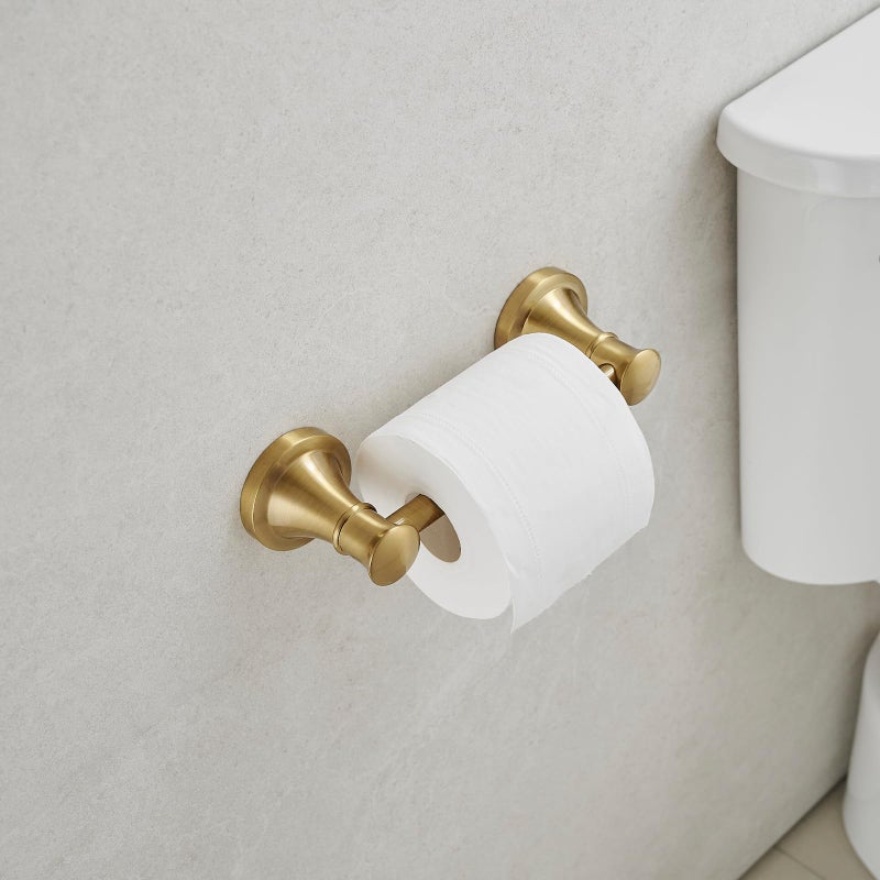 RUMOSE Toilet Paper Roll Holder Bathroom Flexible Pivoting Tissue Handle on Wall Mounted Brushed Gold Rustproof Toilet Tissue Roll Holder Stainless Steel - Image 1