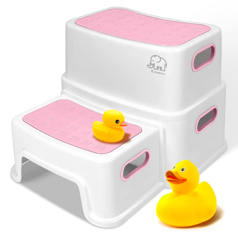Pink Toddler Step Stool for Toilet Two Step Stool for Kids Bathroom with Handle for Potty Training NonSlip Girls Small Heavy Duty Plastic Stool for Sink Bed Kitchen Counter WhitePink