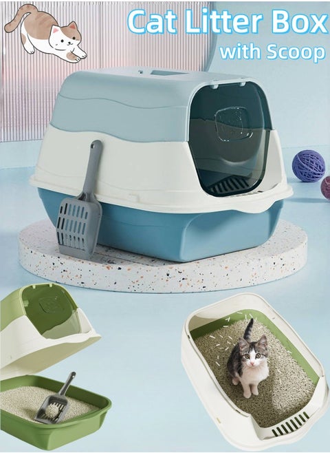 Large Removable Cat Litter Box Fully Enclosed Cat Litter Box With Lid Splash-proof Odor-proof Cat Supplies Comes with Plastic Scoop and Deodorizing Bag Easy to Clean No Odor Blue