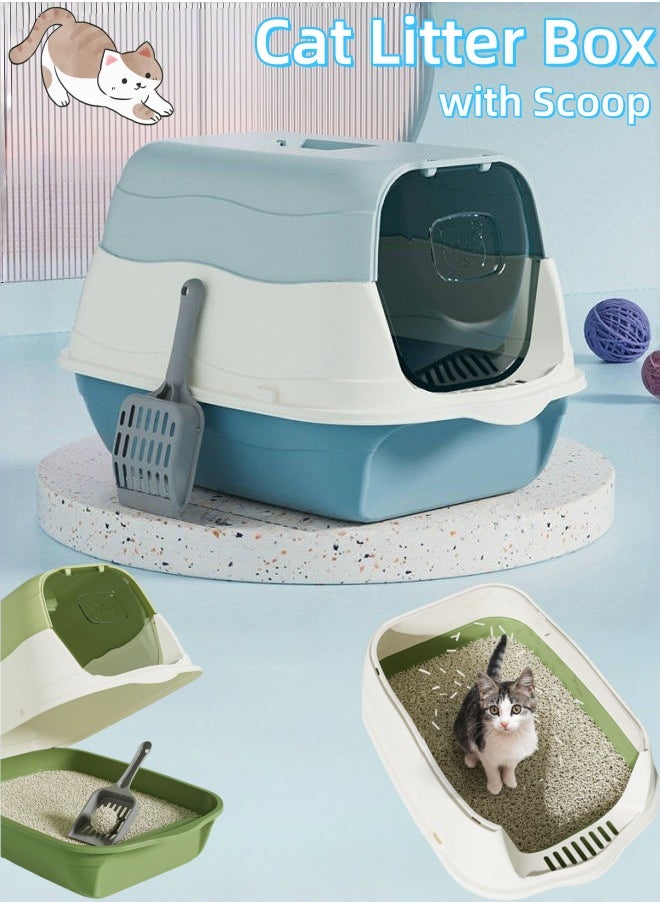Large Removable Cat Litter Box Fully Enclosed Cat Litter Box With Lid Splash-proof Odor-proof Cat Supplies Comes with Plastic Scoop and Deodorizing Bag Easy to Clean No Odor Blue