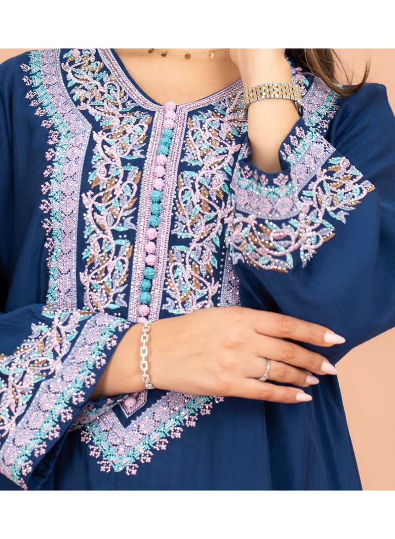 IKKXA Classic Solid Embroidery Front and Sleeves Jalabiya IK602 Blue - Image 3