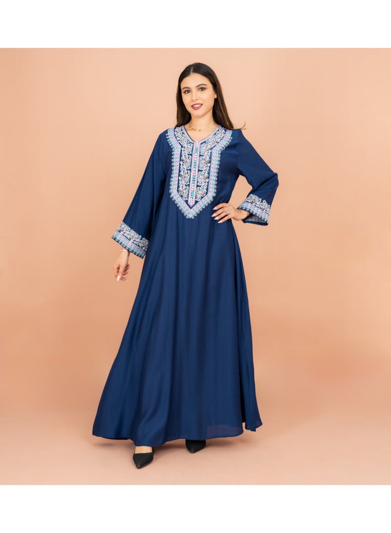 IKKXA Classic Solid Embroidery Front and Sleeves Jalabiya IK602 Blue - Image 1