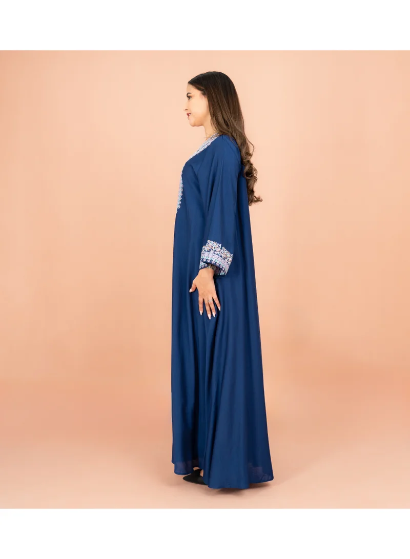 IKKXA Classic Solid Embroidery Front and Sleeves Jalabiya IK602 Blue