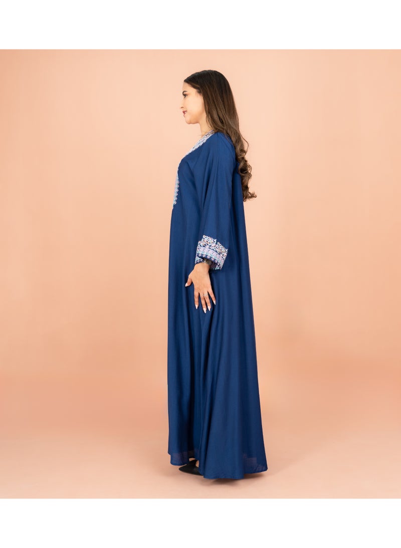 IKKXA Classic Solid Embroidery Front and Sleeves Jalabiya IK602 Blue - Image 2